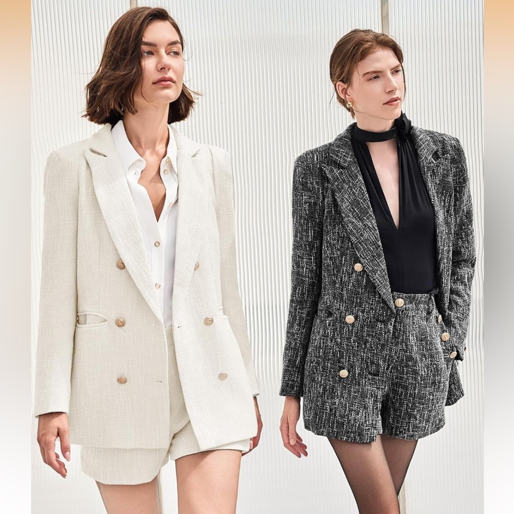 Cicy Bell Cream Tweed Double Breasted Blazer Jacket NWT Size Small Gold Buttons